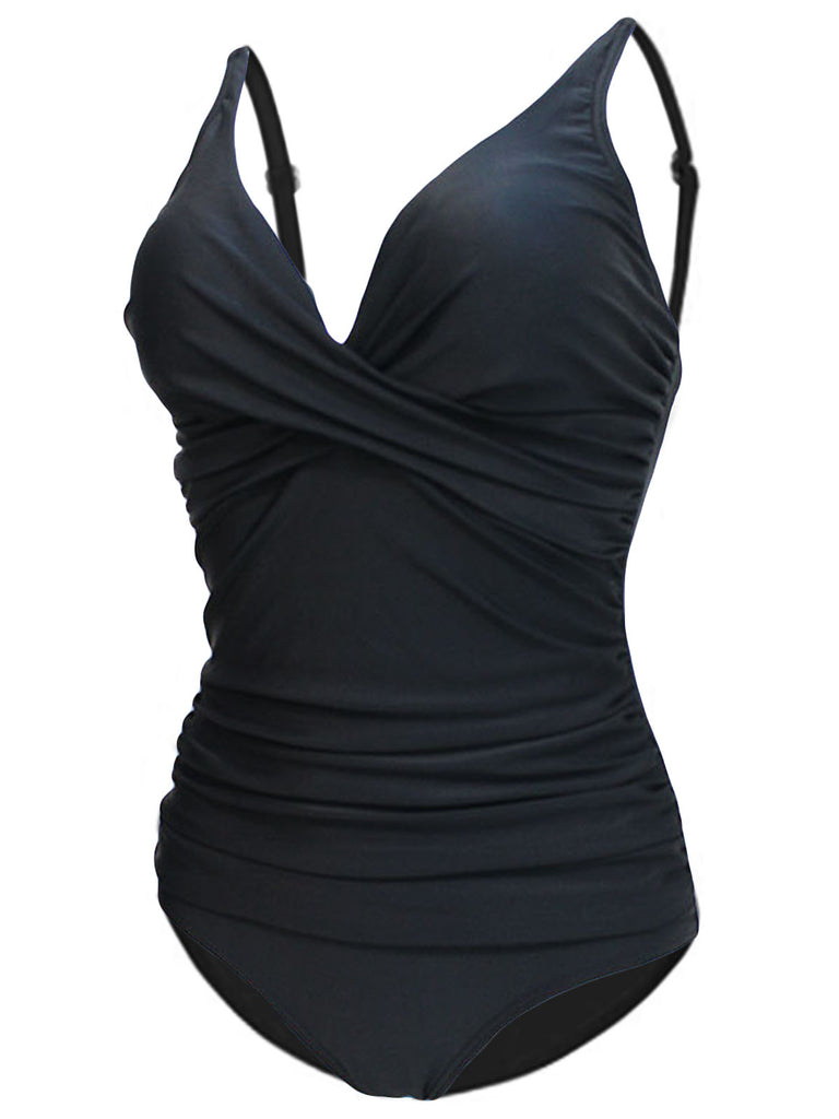 Solid Pleated Strap One-piece Swimsuit