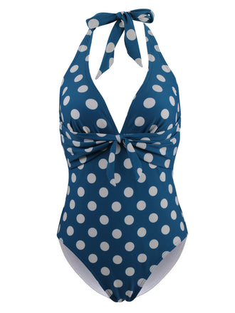 Blue 1940s Halter Polka Dot One-Piece Swimsuit