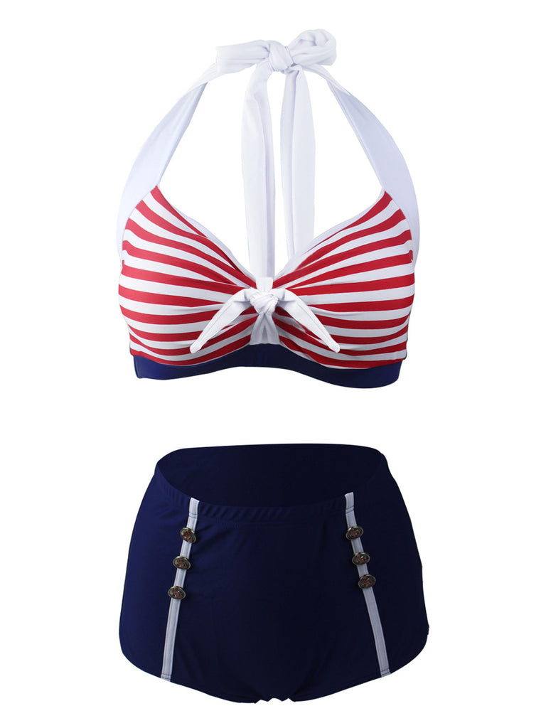 [Pre-Sale] Navy Red 1950s Stripe Halter Bikini