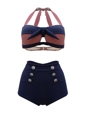 1950s Stripe Patchwork Bow Halter Bikini