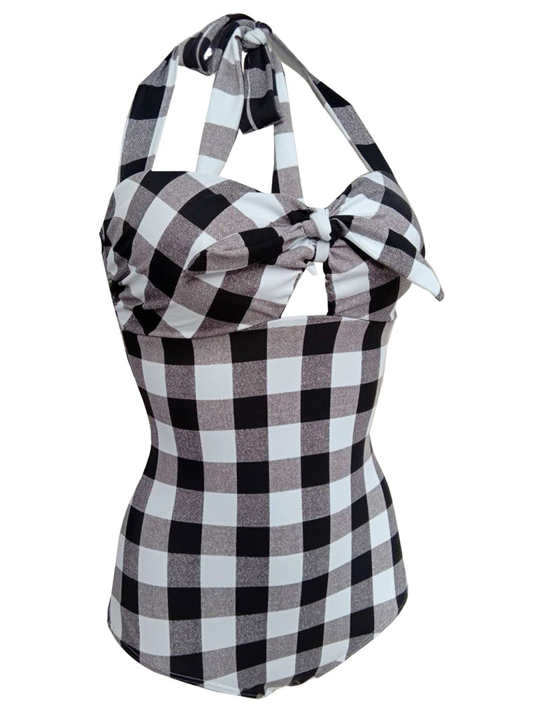 [US Warehouse] 1950s Plaid Halter One-Piece Swimsuit