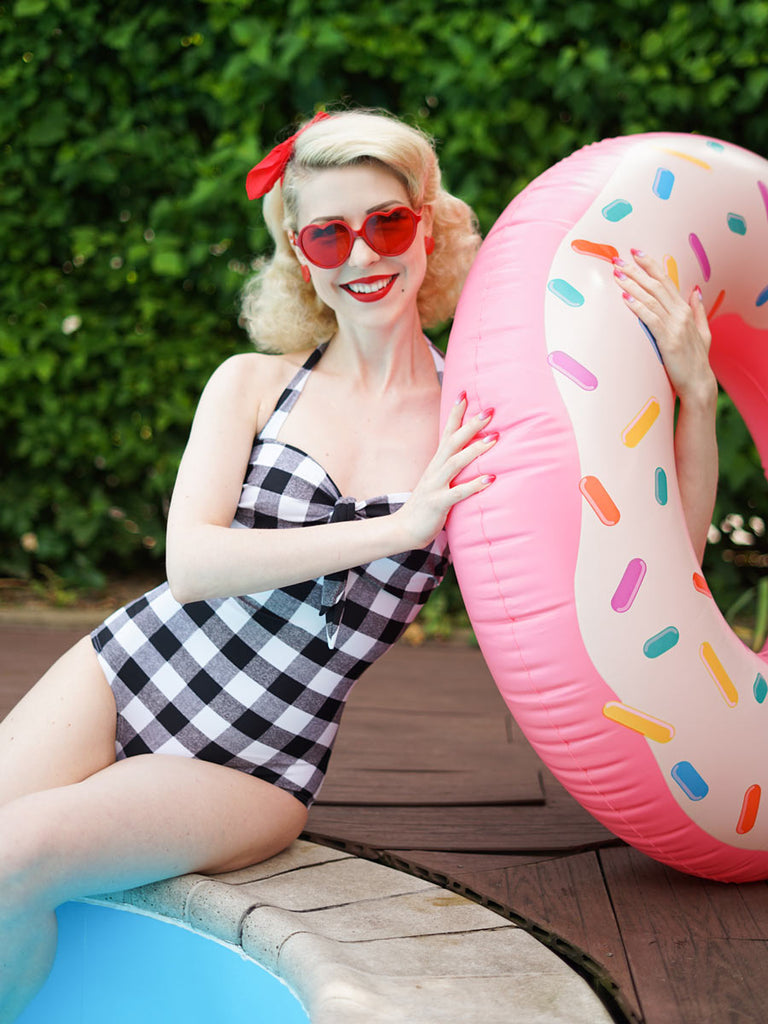 [US Warehouse] 1950s Plaid Halter One-Piece Swimsuit