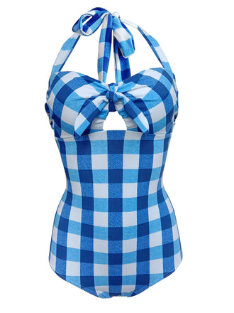 Blue 1950s Plaid Halter One-Piece Swimsuit