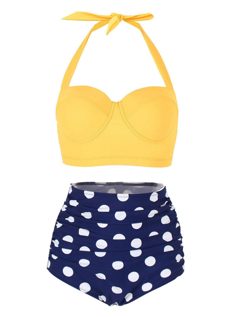 Polka Dot Halter Pleated Bikini