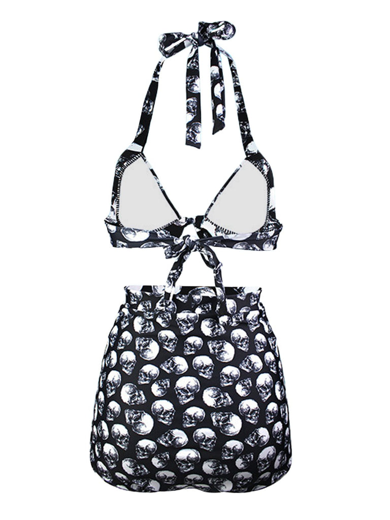Black 1950s Skull Halter Pleated Bikini