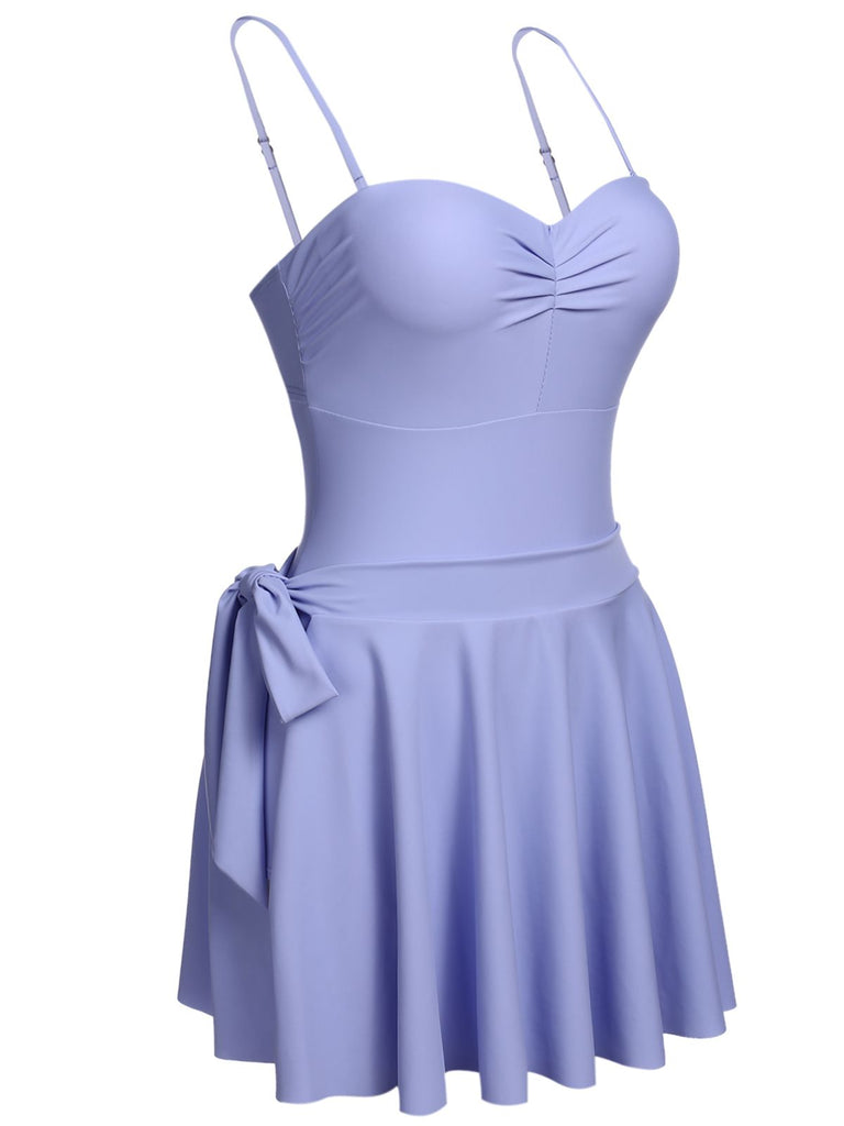Sky Blue Straps Swimsuit with Skirt