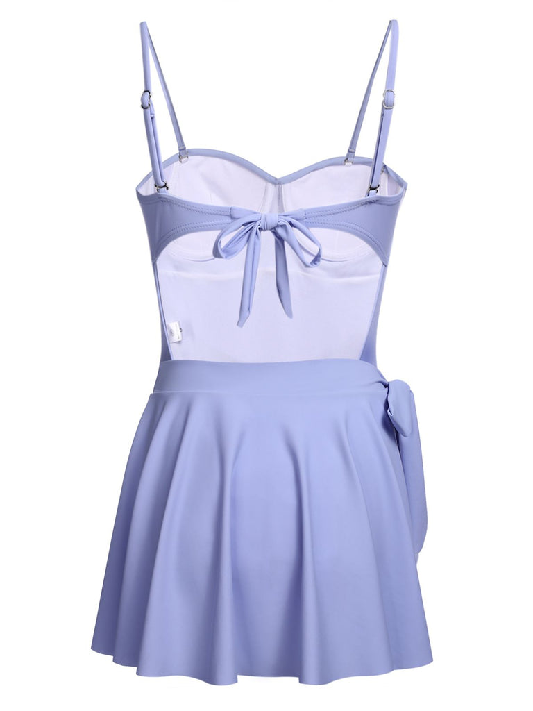 Sky Blue Straps Swimsuit with Skirt