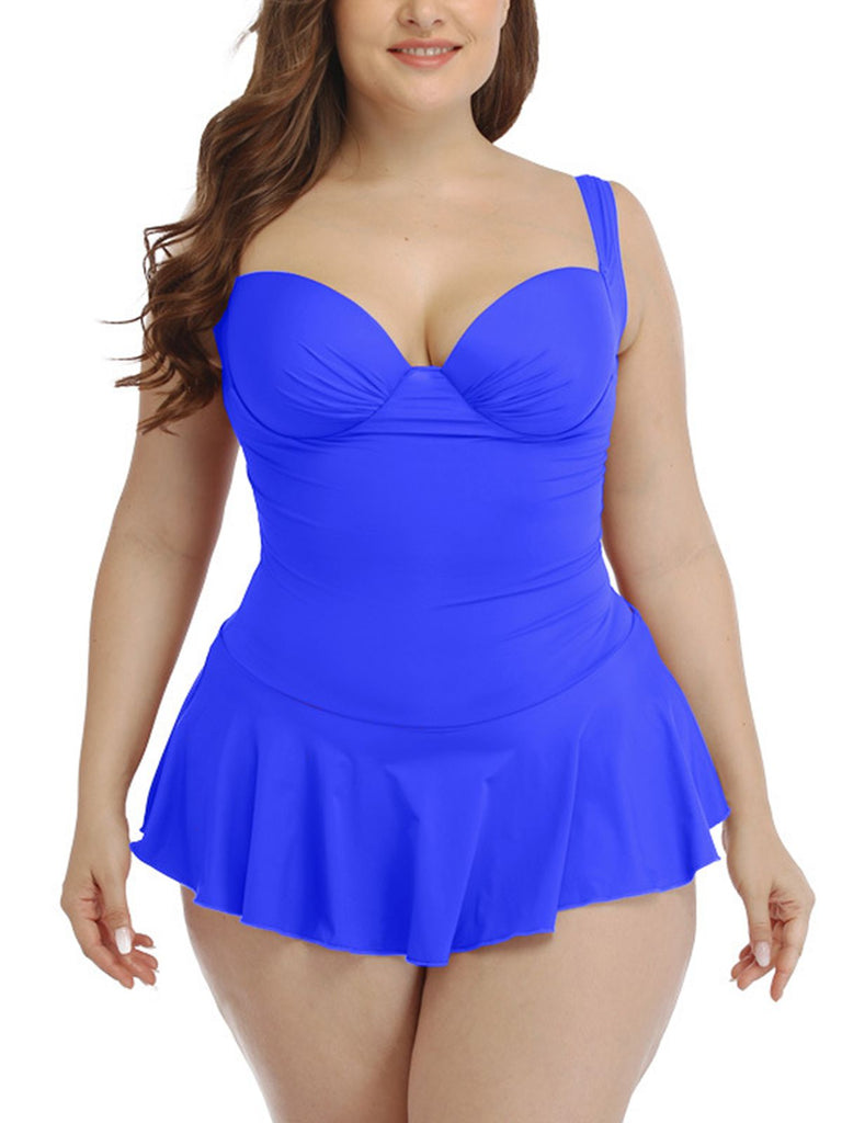 [Plus Size] 1950s Solid Skirted Swimsuit