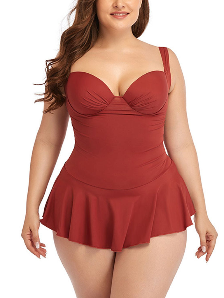 Plus Size Solid Skirted Swimsuit