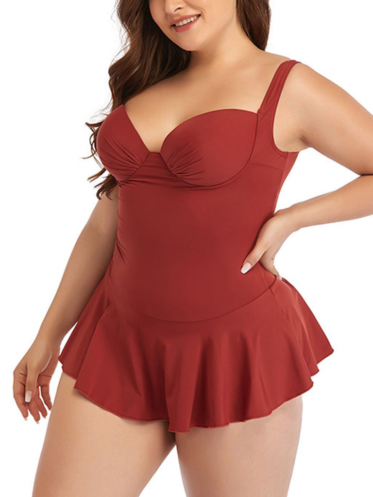 [Plus Size] 1950s Solid Skirted Swimsuit