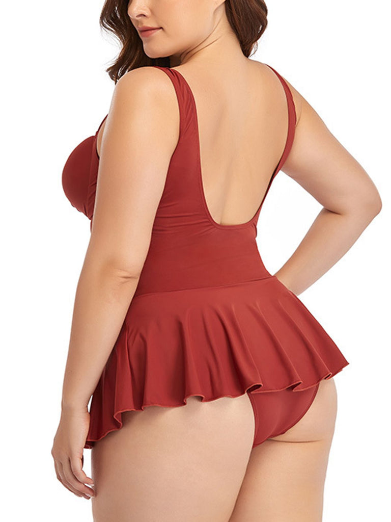 [Plus Size] 1950s Solid Skirted Swimsuit