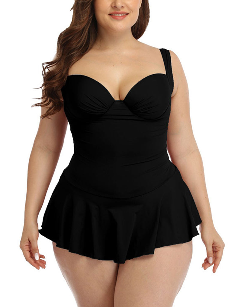 Plus Size Solid Skirted Swimsuit