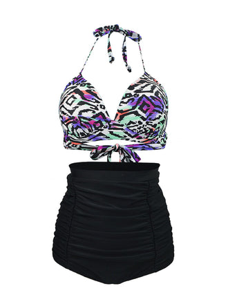 1940s Ruched Lace-Up Halter Bikini Set