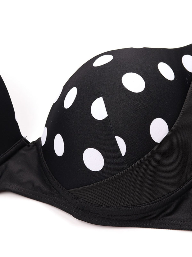 Black 1960s Polka Dot Bikini Set with Skirt