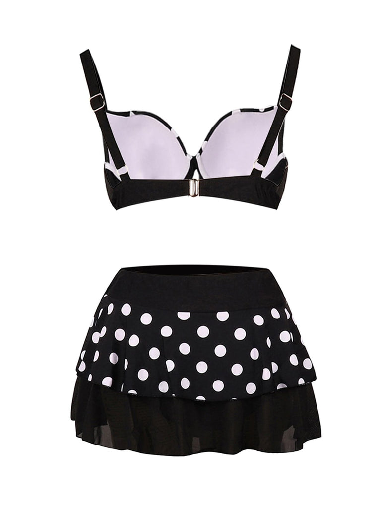 Black 1960s Polka Dot Bikini Set with Skirt