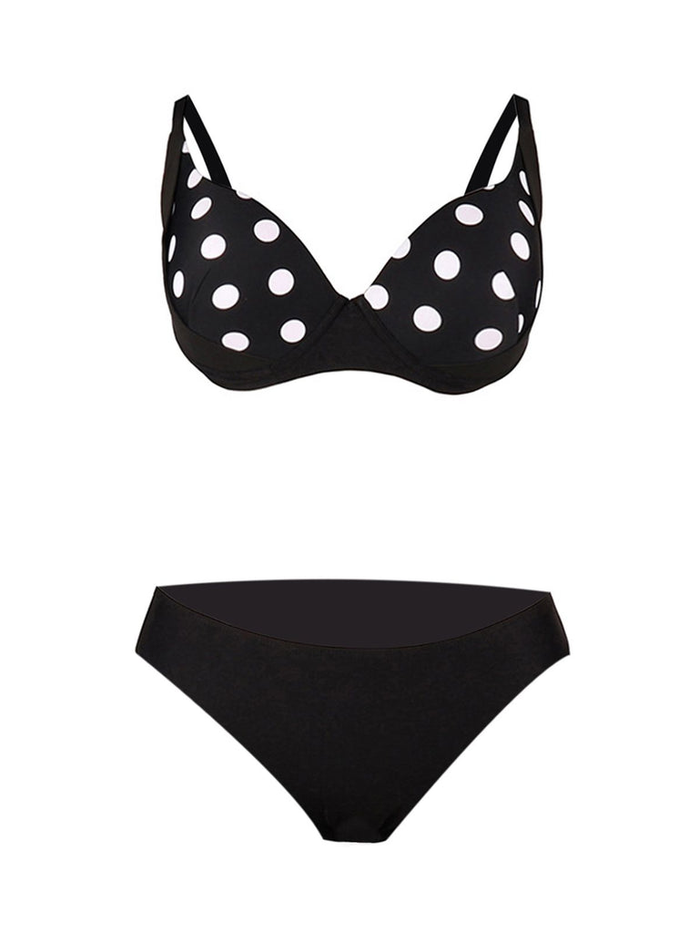 Black 1960s Polka Dot Bikini Set with Skirt