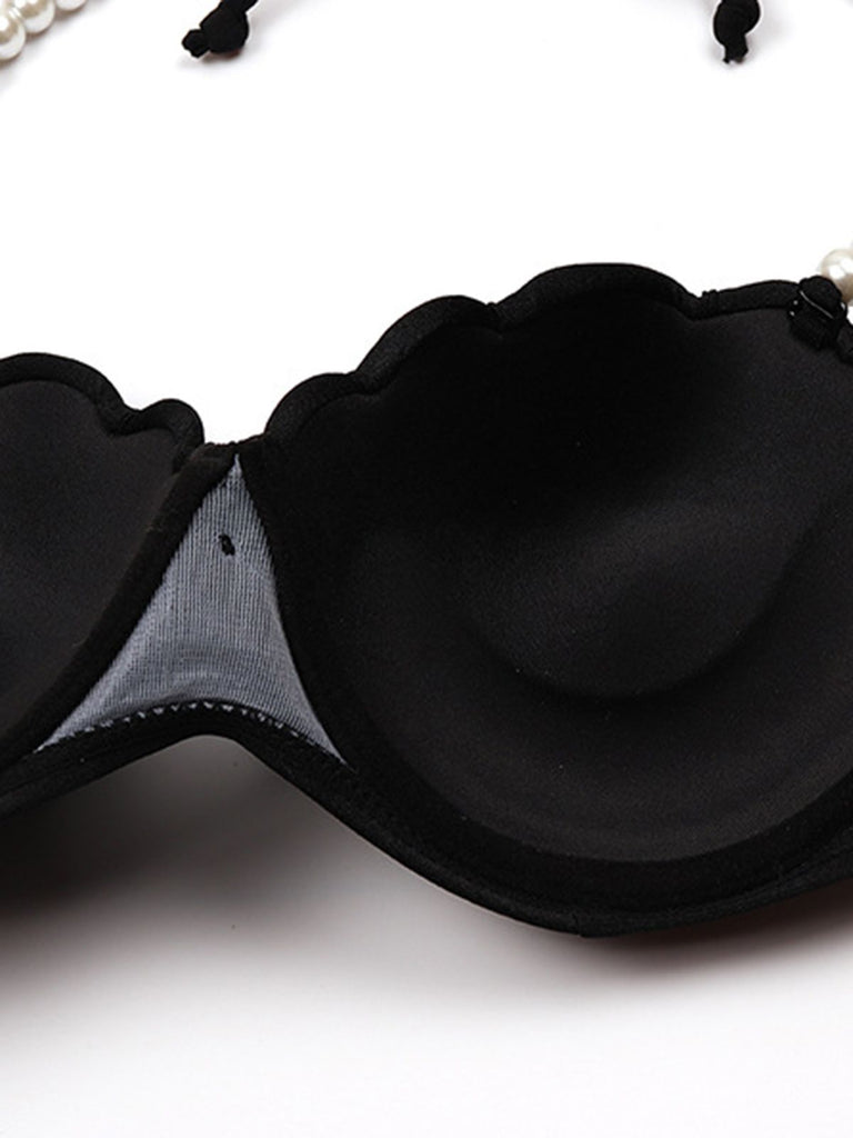 Black 1960s Shell Pearl Halter Bikini Set