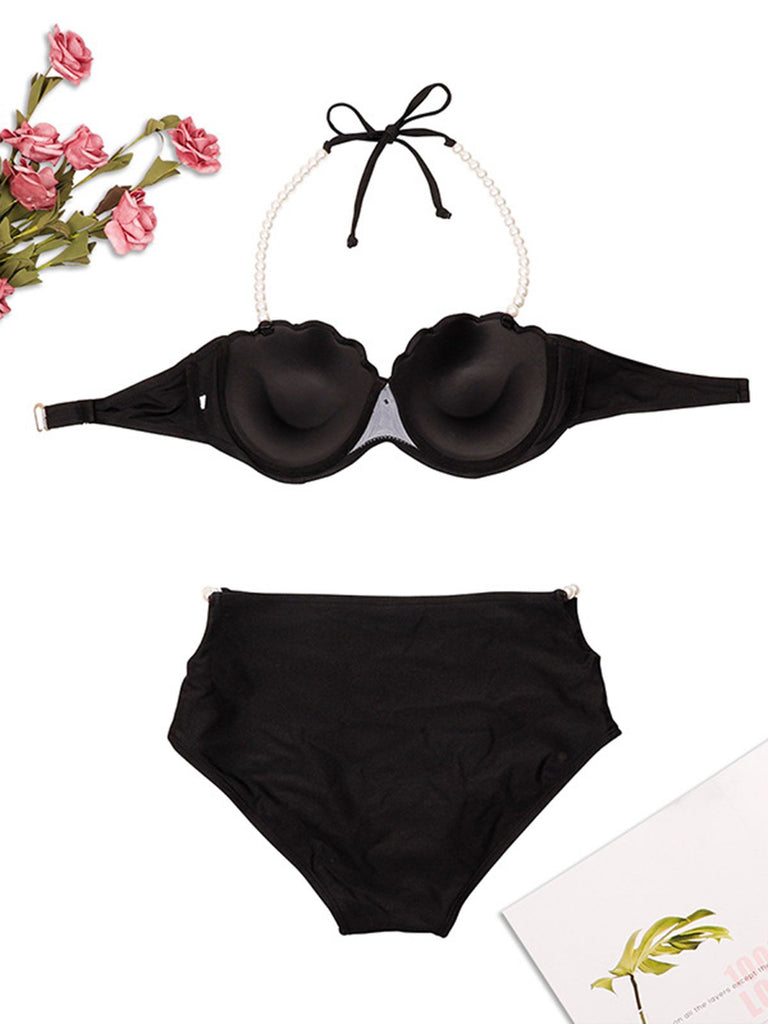 Black 1960s Shell Pearl Halter Bikini Set