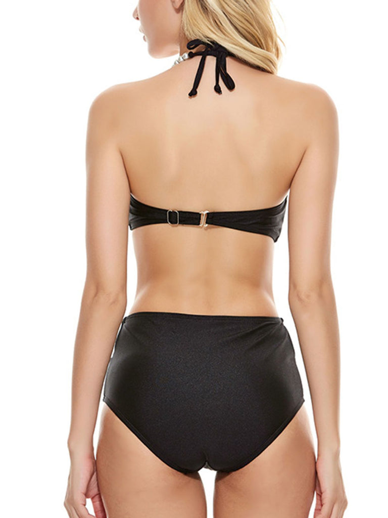 Black 1960s Shell Pearl Halter Bikini Set