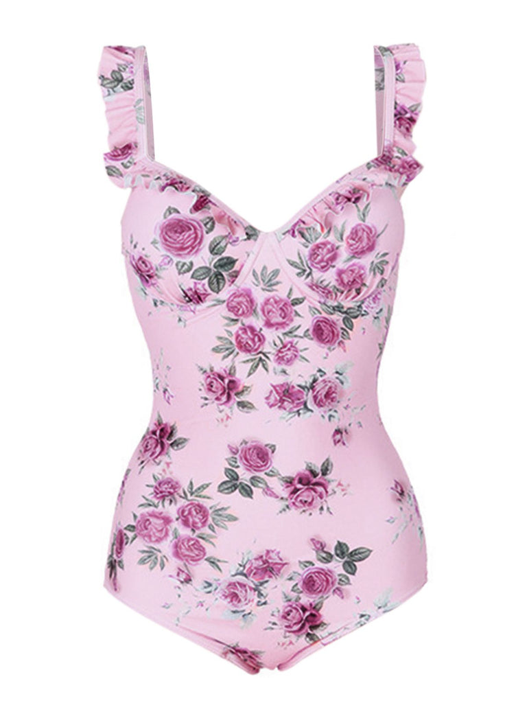1960s Ruffled Floral One-Piece Swimsuit