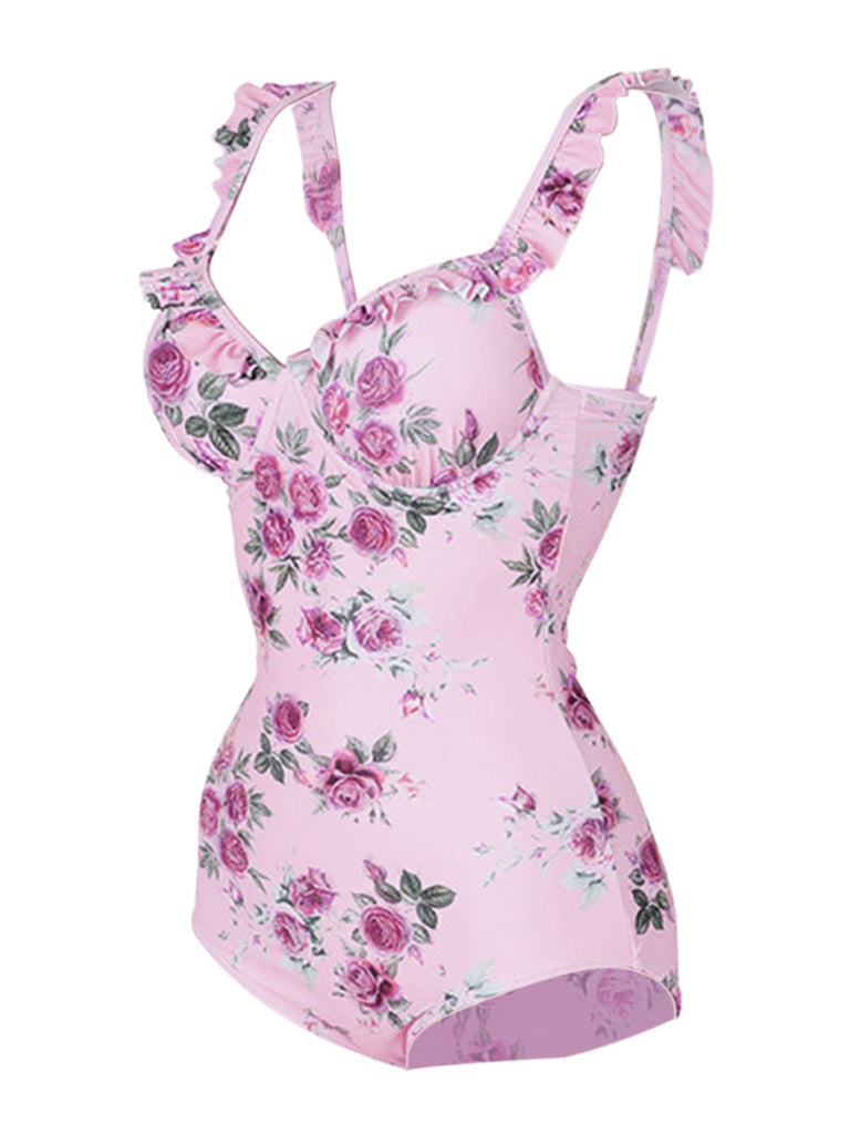 1960s Ruffled Floral One-Piece Swimsuit
