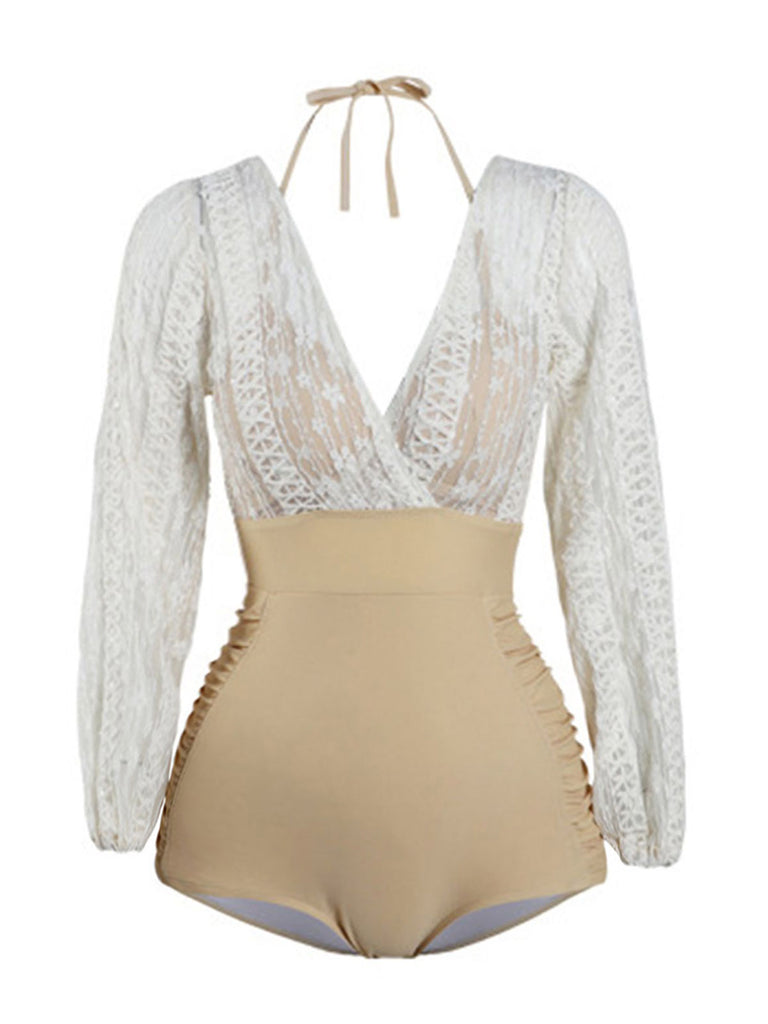 [US Warehouse] Patchwork Lace-Up One-Piece Swimsuit