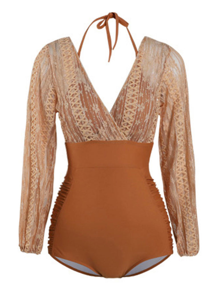 [US Warehouse] Patchwork Lace-Up One-Piece Swimsuit