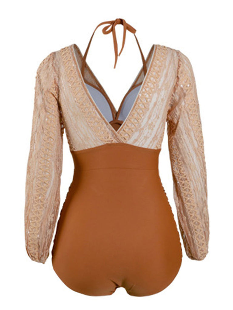 [US Warehouse] Patchwork Lace-Up One-Piece Swimsuit