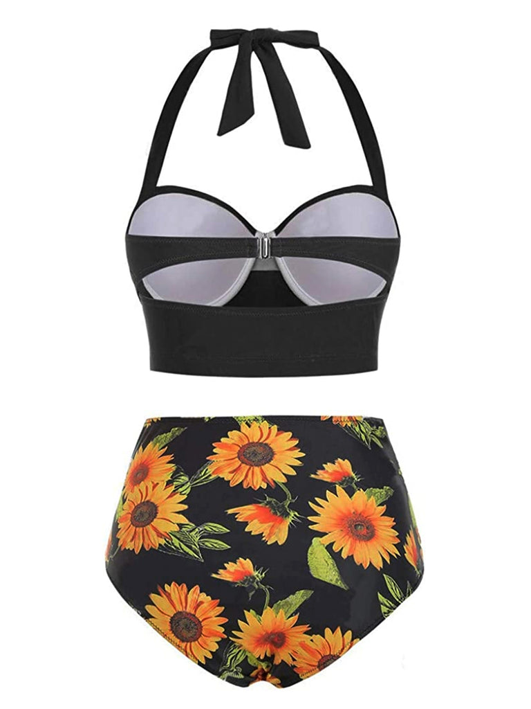 1950s Halter Sunflower Pleated Bikini Set
