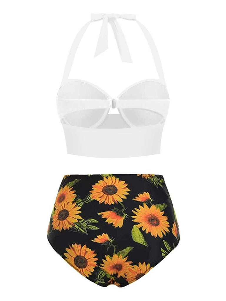 1950s Halter Sunflower Pleated Bikini Set