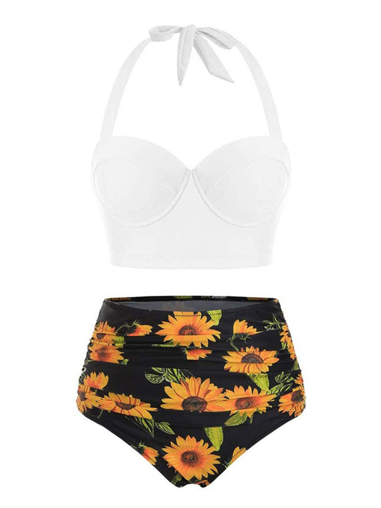1950s Halter Sunflower Pleated Bikini Set