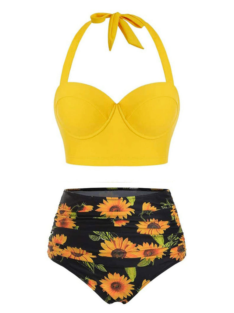 1950s Halter Sunflower Pleated Bikini Set