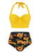 1950s Halter Sunflower Pleated Bikini Set