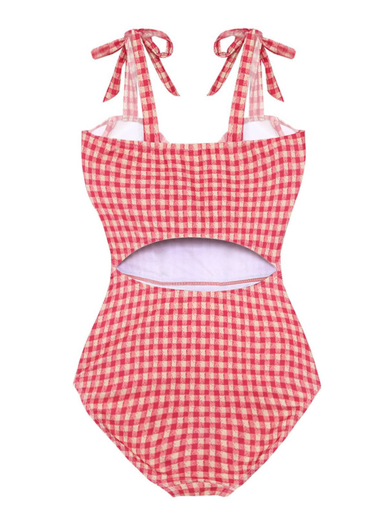 Red 1950s Checked Back Cut-Out Swimsuit