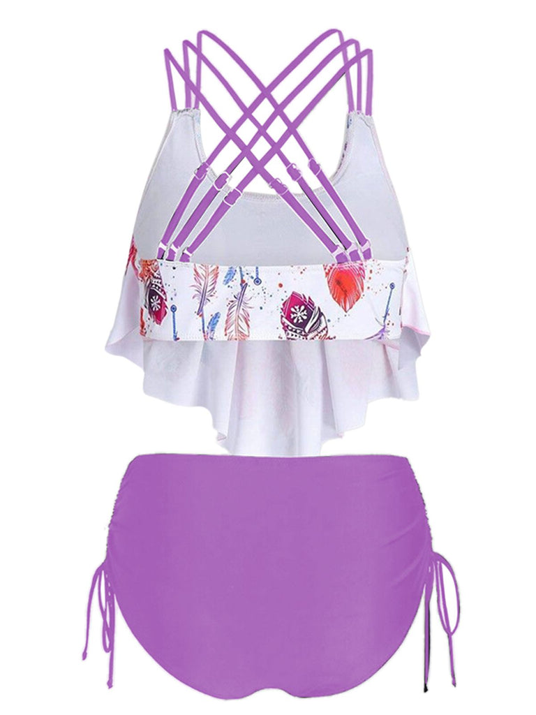 1950s Spaghetti Strap Feather Tankini Set