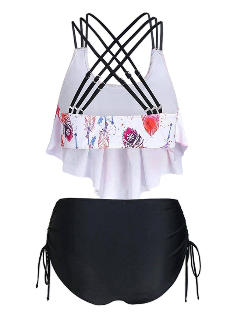 1950s Spaghetti Strap Feather Tankini Set