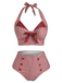 Red 1950s Checked Halter Bowknot Bikini Set