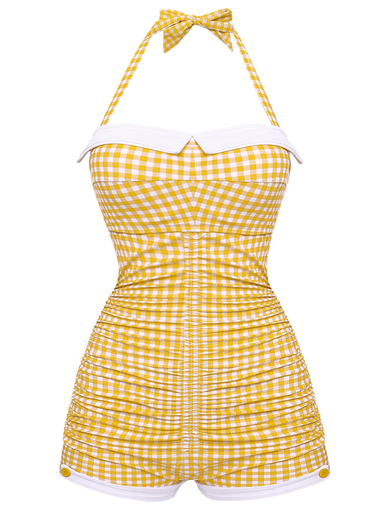 Checked 1950s Halter Bowknot One-piece Swimsuit