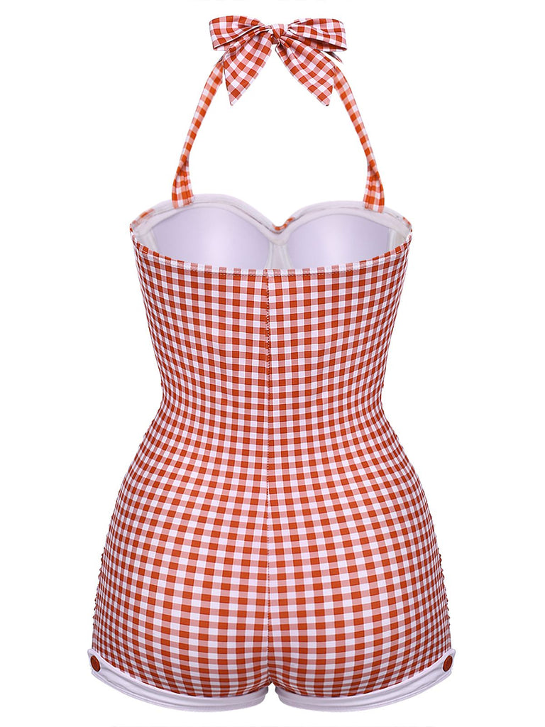 Checked 1950s Halter Bowknot One-piece Swimsuit