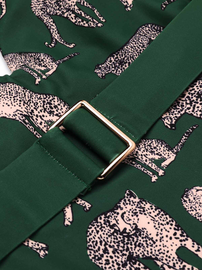 [US Warehouse] Green Jaguar Vintage Halter One-piece Swimsuit