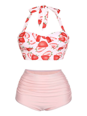 1950s Strawberry Halter Lace-Up Pleated Bikini Set