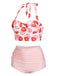 1950s Strawberry Halter Lace-Up Pleated Bikini Set