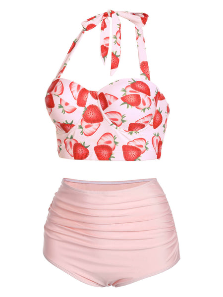 1950s Strawberry Halter Lace-Up Pleated Bikini Set – Retro Stage - Chic ...