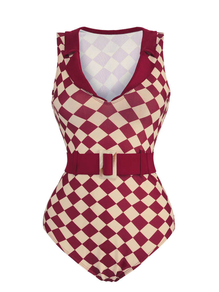 1930s Burgundy Diamond Lapel One-Piece Swimsuit