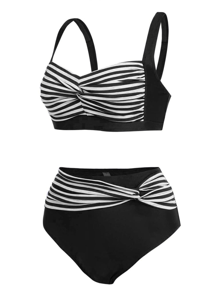 1950s Stripe Twisted Patchwork Strap Swimsuit