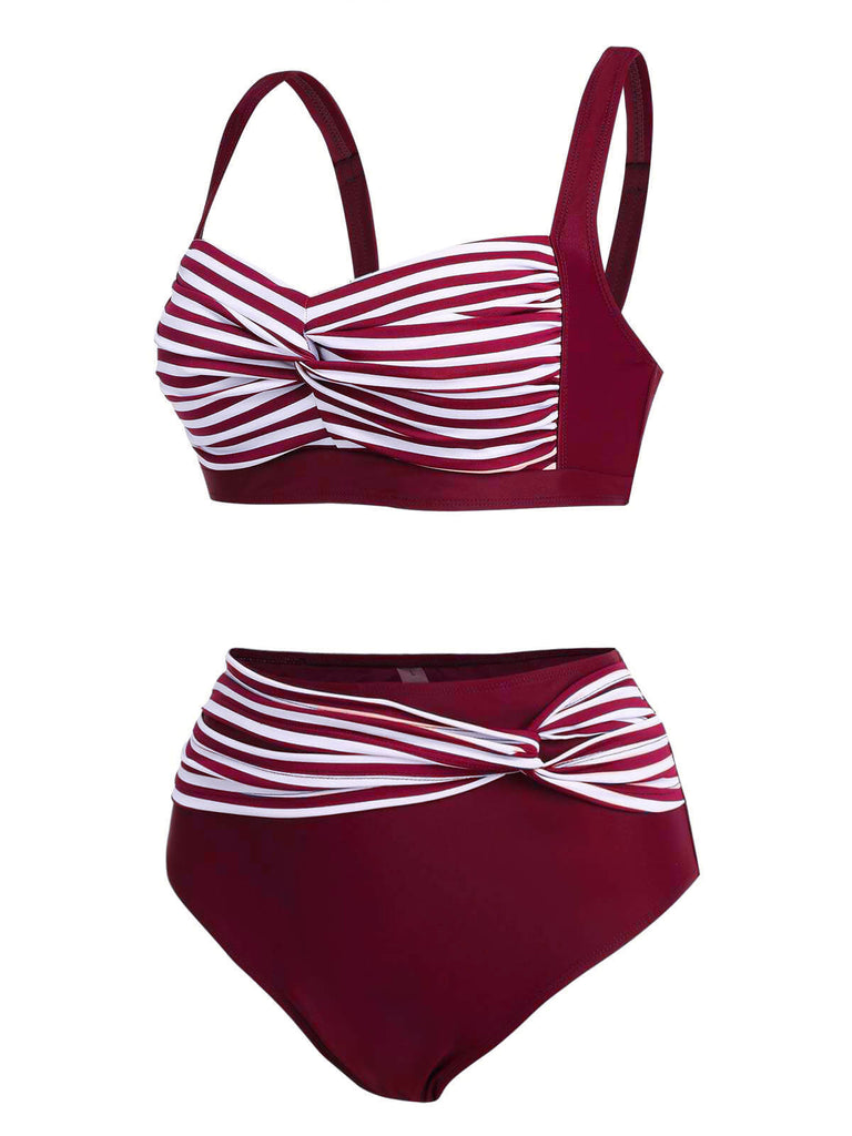 1950s Stripe Twisted Patchwork Strap Swimsuit