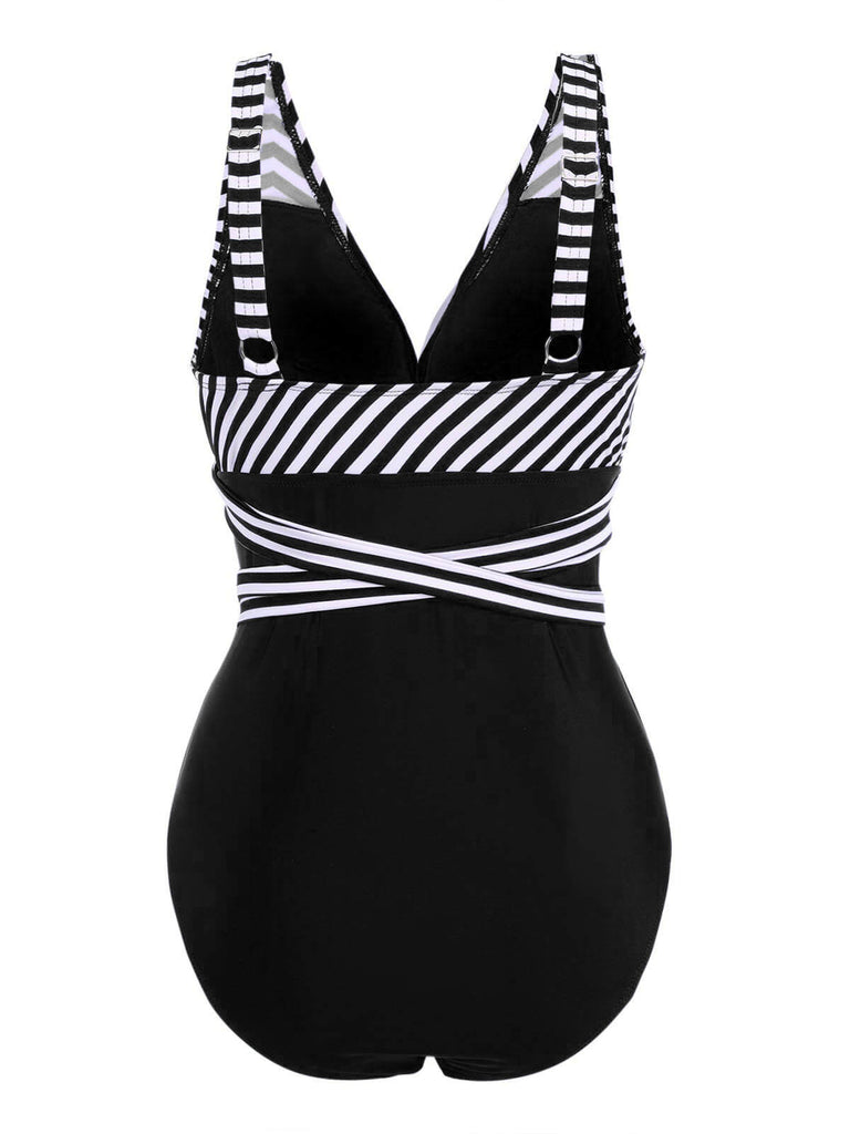 1950s Stripe Lace Up Patchwork One-Piece Swimsuit – Retro Stage - Chic ...