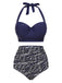 Blue 1940s Geometry Pleated Halter Swimsuit