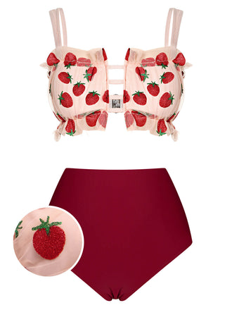 [US Warehouse] Red 1940s Strawberry Mesh Strap Swimsuit