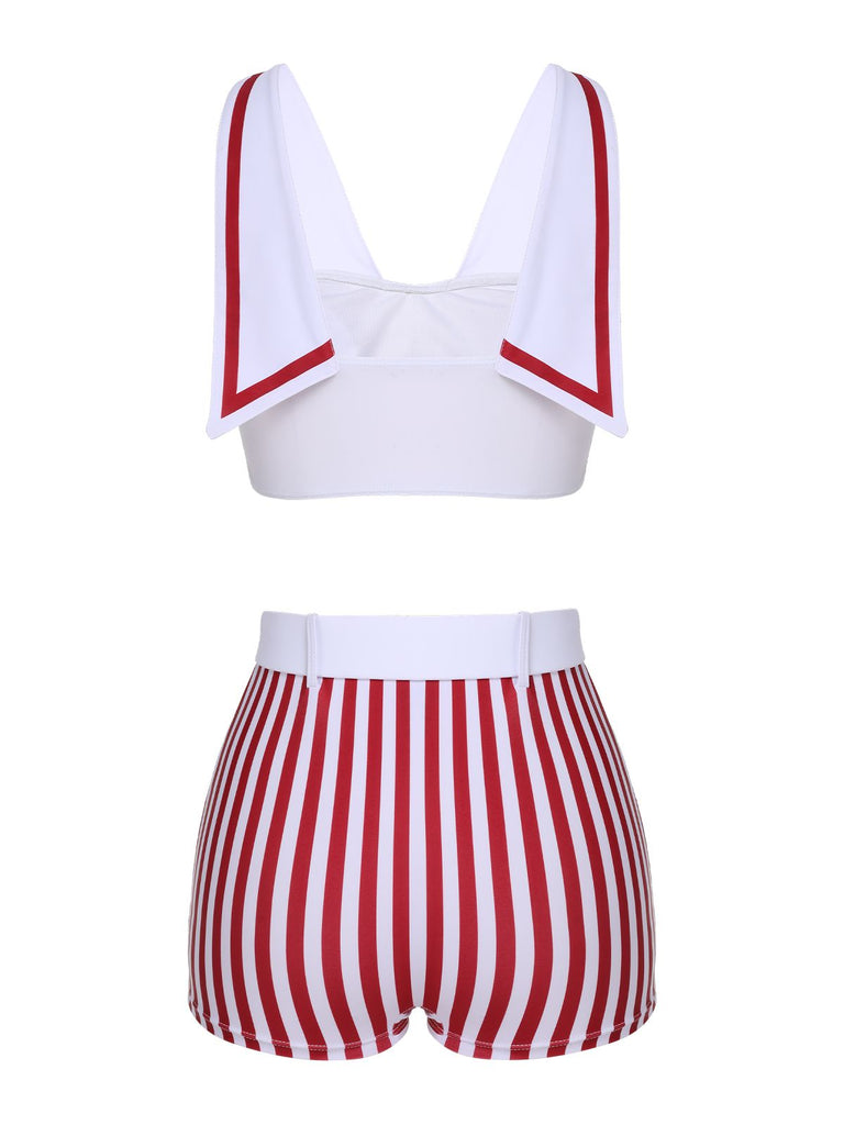 White 1950s Stripes Pockets Belted Swimsuit